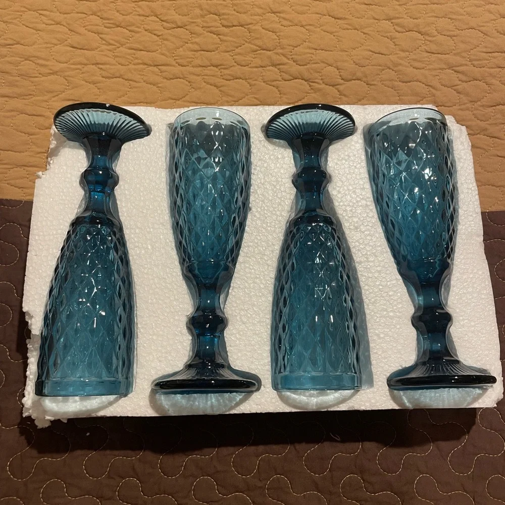 Set of Four Blue Glass Goblets - Picture 3 of 5